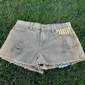 XXI Brown Shorts with Gold Studs, some distress, and tribal printed pockets